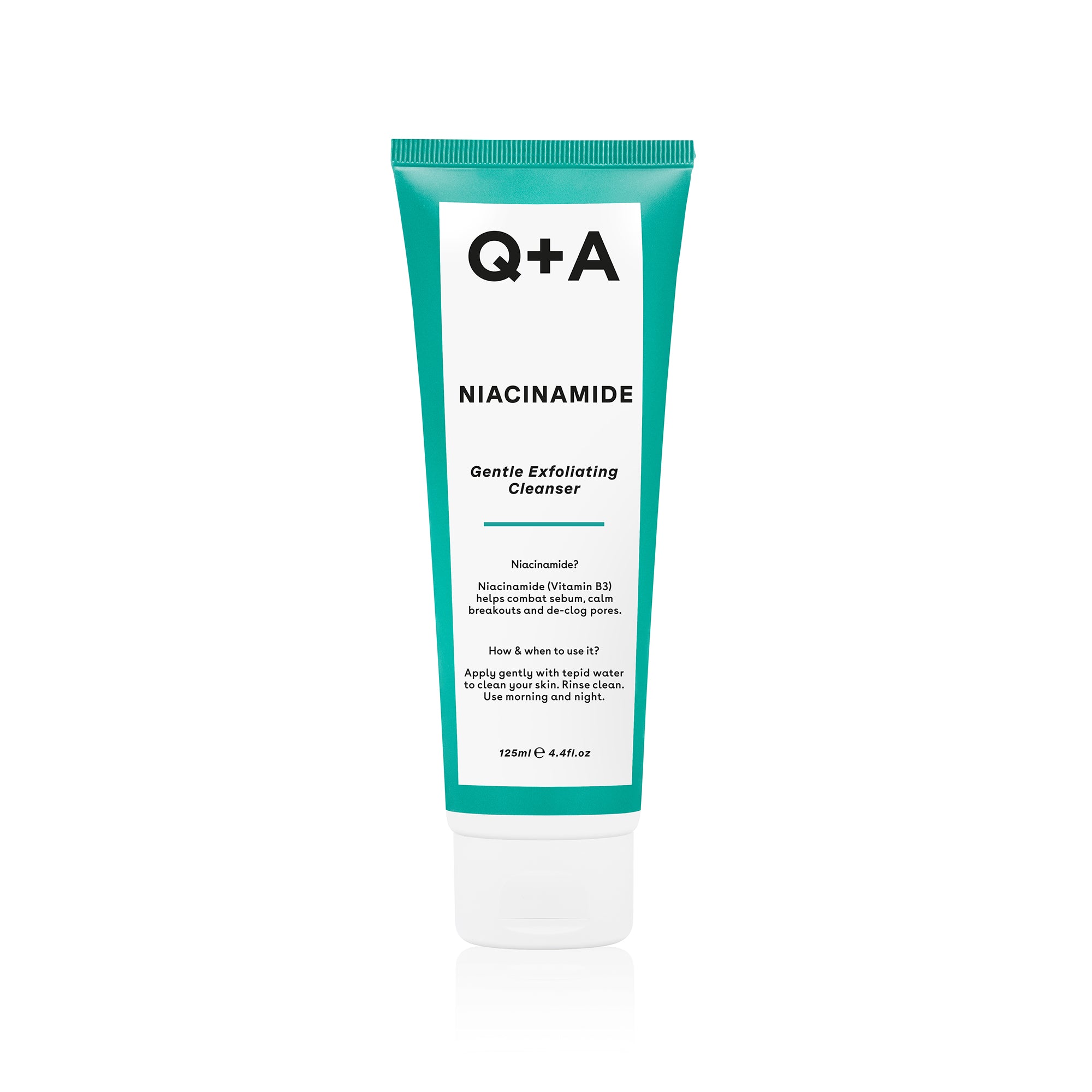 Q+A Niacinamide exfoliating cleanser in 125ml bottle, facial skincare product for clear, refreshed skin.