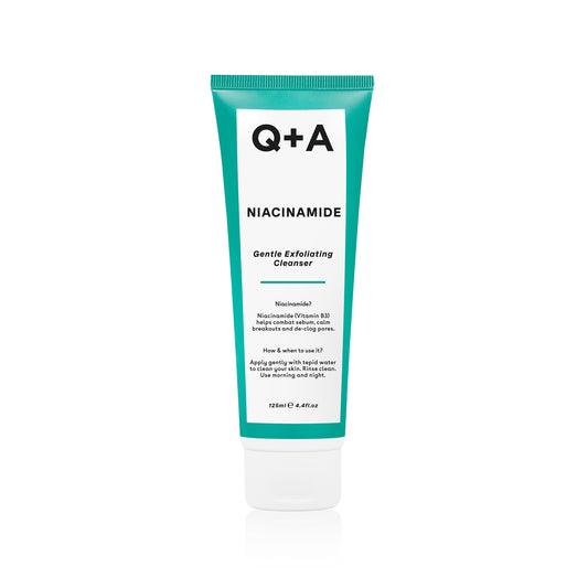 Q+A Niacinamide exfoliating cleanser in 125ml bottle, facial skincare product for clear, refreshed skin.
