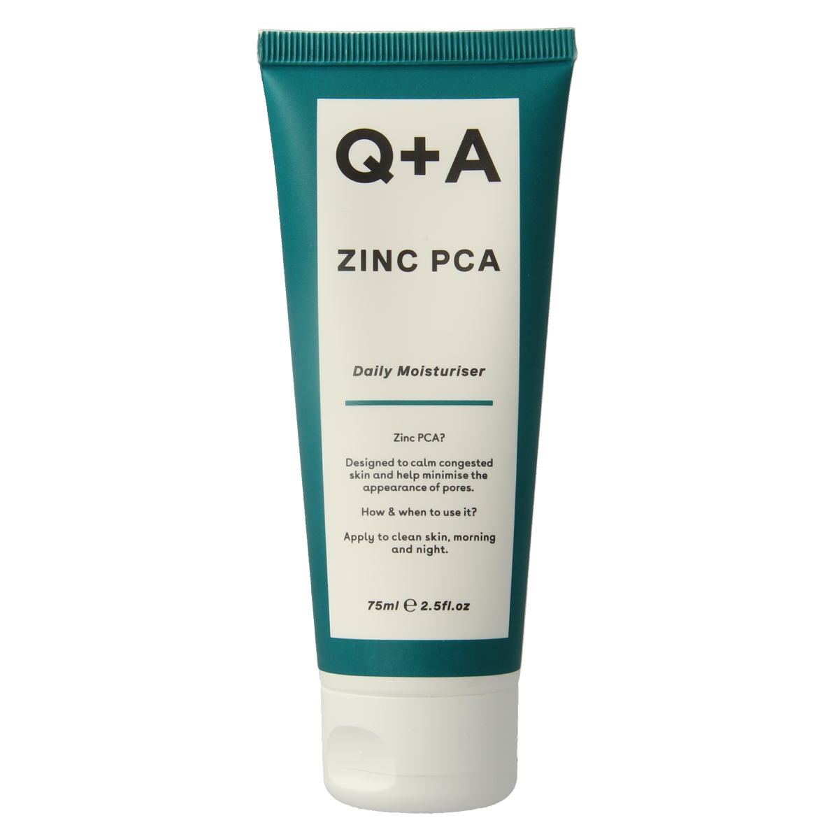 Q+A Zinc PCA daily moisturizer in a 75ml tube, suitable for facial skin care and hydration.