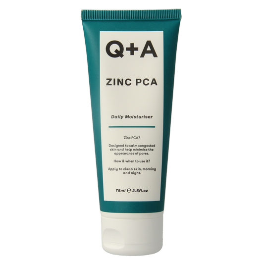 Q+A Zinc PCA daily moisturizer in a 75ml tube, suitable for facial skin care and hydration.