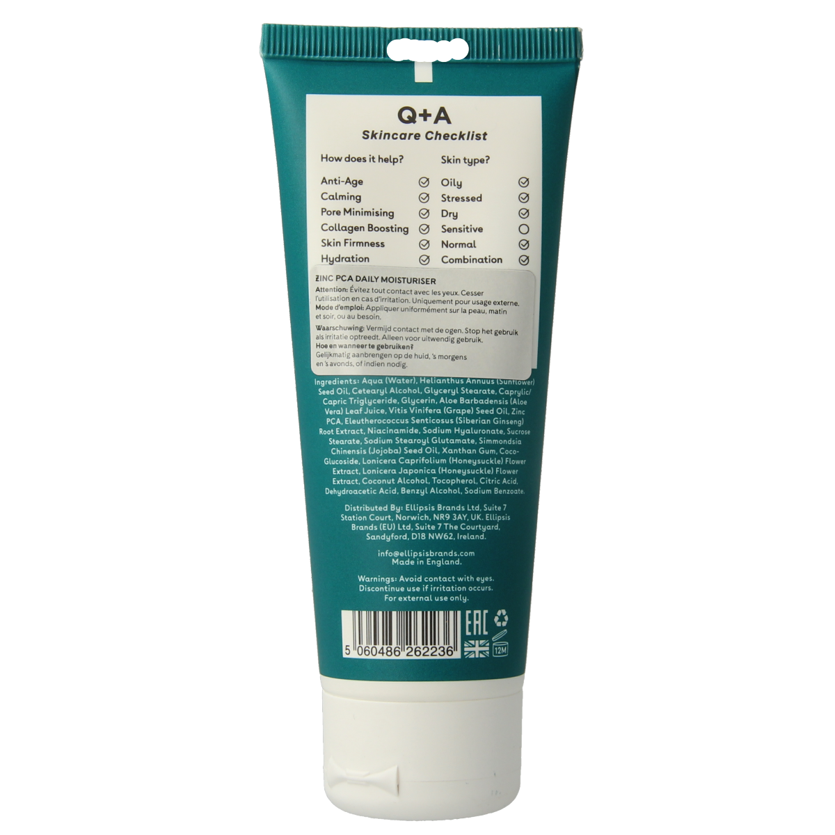 Q+A Zinc PCA daily moisturizer in 75ml for facial skincare, featuring a white and blue tube with the product label visible.