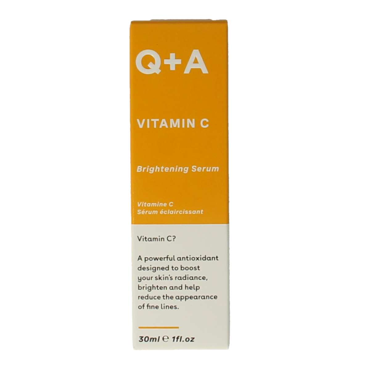 Q+A Vitamin C brightening serum in a 30ml bottle, facial skincare product with orange-colored liquid and pump dispenser.