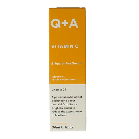 Q+A Vitamin C brightening serum in a 30ml bottle, facial skincare product with orange-colored liquid and pump dispenser.