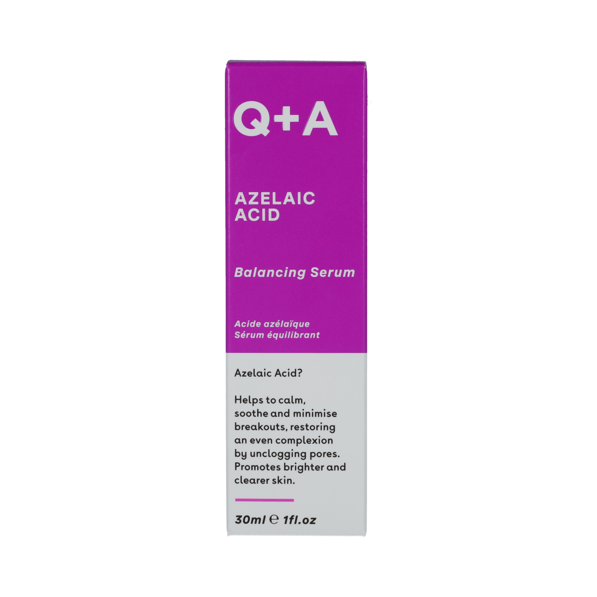 Q+A Azelaic Acid Serum in a 30ml bottle, facial skincare product with a sleek label, suitable for brightening and skin tone improvement.