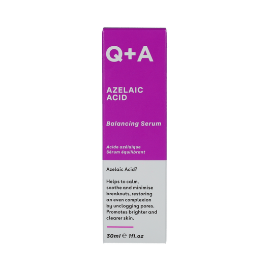 Q+A Azelaic Acid Serum in a 30ml bottle, facial skincare product with a sleek label, suitable for brightening and skin tone improvement.