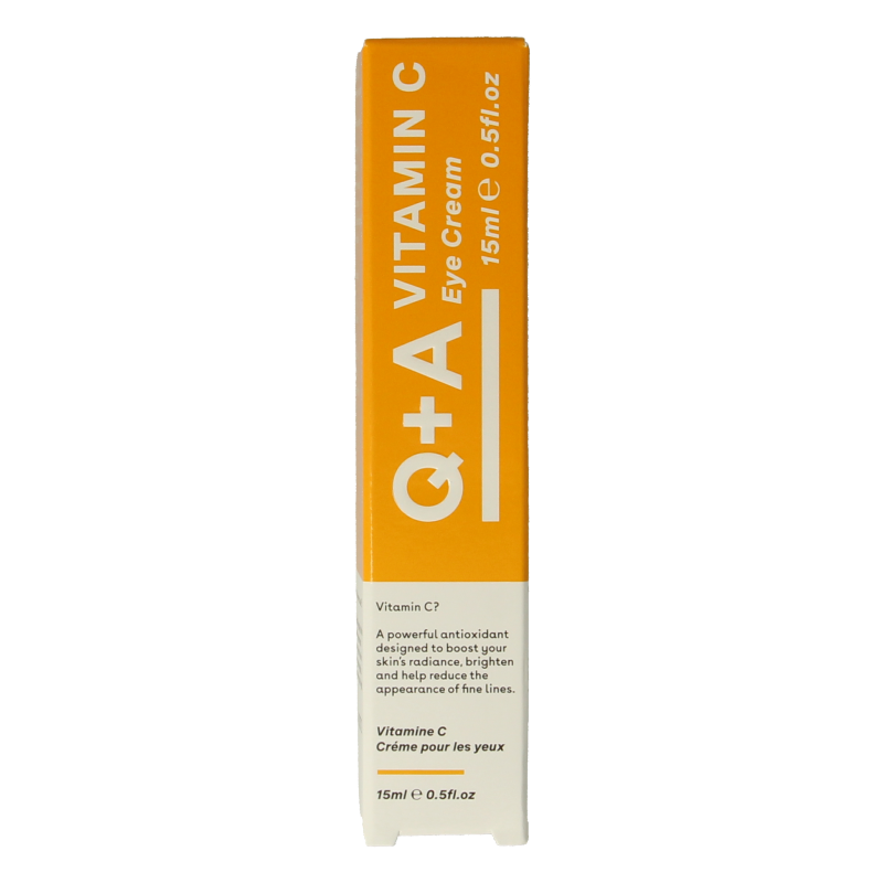 Q+A Vitamine C eye cream in 15ml jar, moisturizing eye care product with brightening properties, designed for delicate under-eye skin.