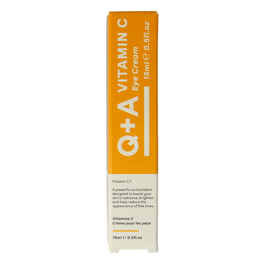 Q+A Vitamine C eye cream in 15ml jar, moisturizing eye care product with brightening properties, designed for delicate under-eye skin.