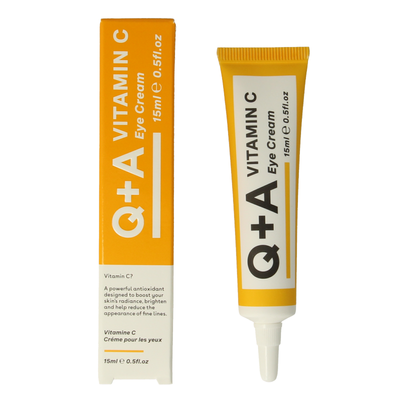 Q+A Vitamine C eye cream in 15ml jar, eye care product with orange-colored cream visible in a sleek container.