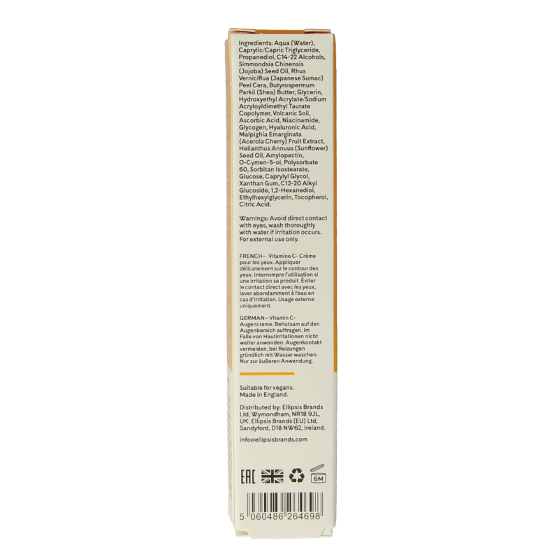 Q+A Vitamin C eye cream in 15ml container, featuring a sleek tube for eye area skincare and brightening benefits.