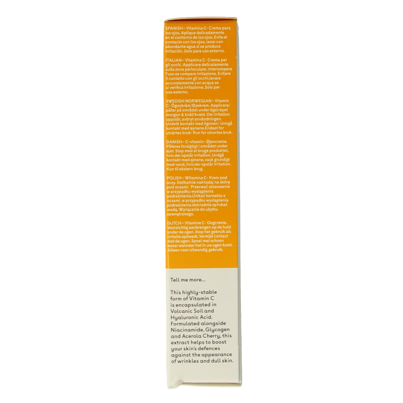 Q+A Vitamin C eye cream in 15ml container, eye skincare product with a white and orange tube, designed for brightening and hydration.