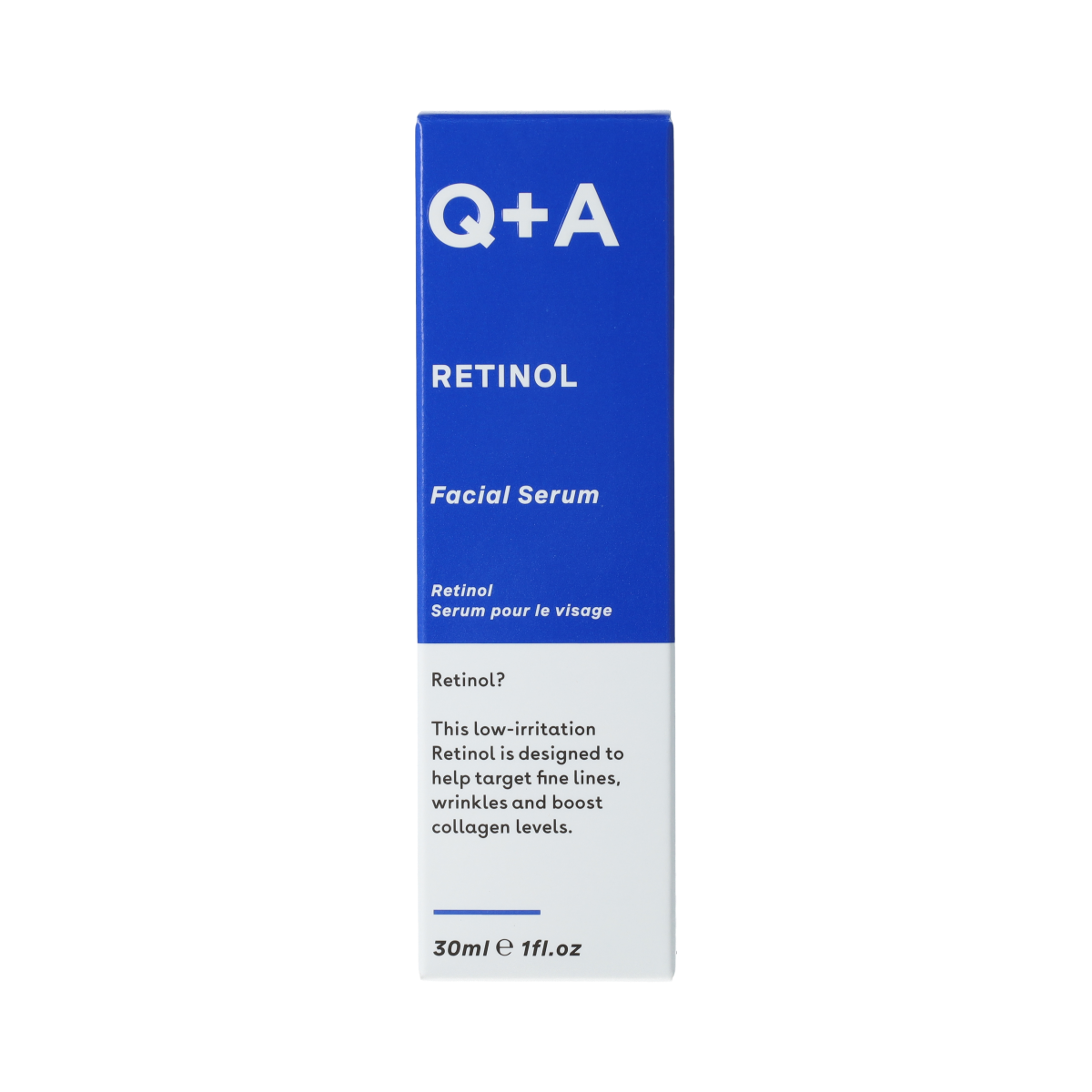Q+A Retinol Serum in 30ml bottle, facial skincare product with dropper applicator, designed for anti-aging and skin renewal.