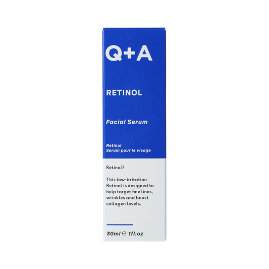 Q+A Retinol Serum in 30ml bottle, facial skincare product with dropper applicator, designed for anti-aging and skin renewal.