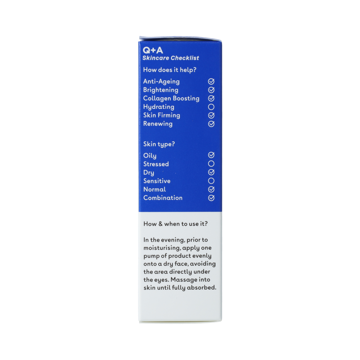 Q+A Retinol Serum 30ml in a clear bottle, featuring a dropper applicator, for facial skincare and anti-aging treatment.