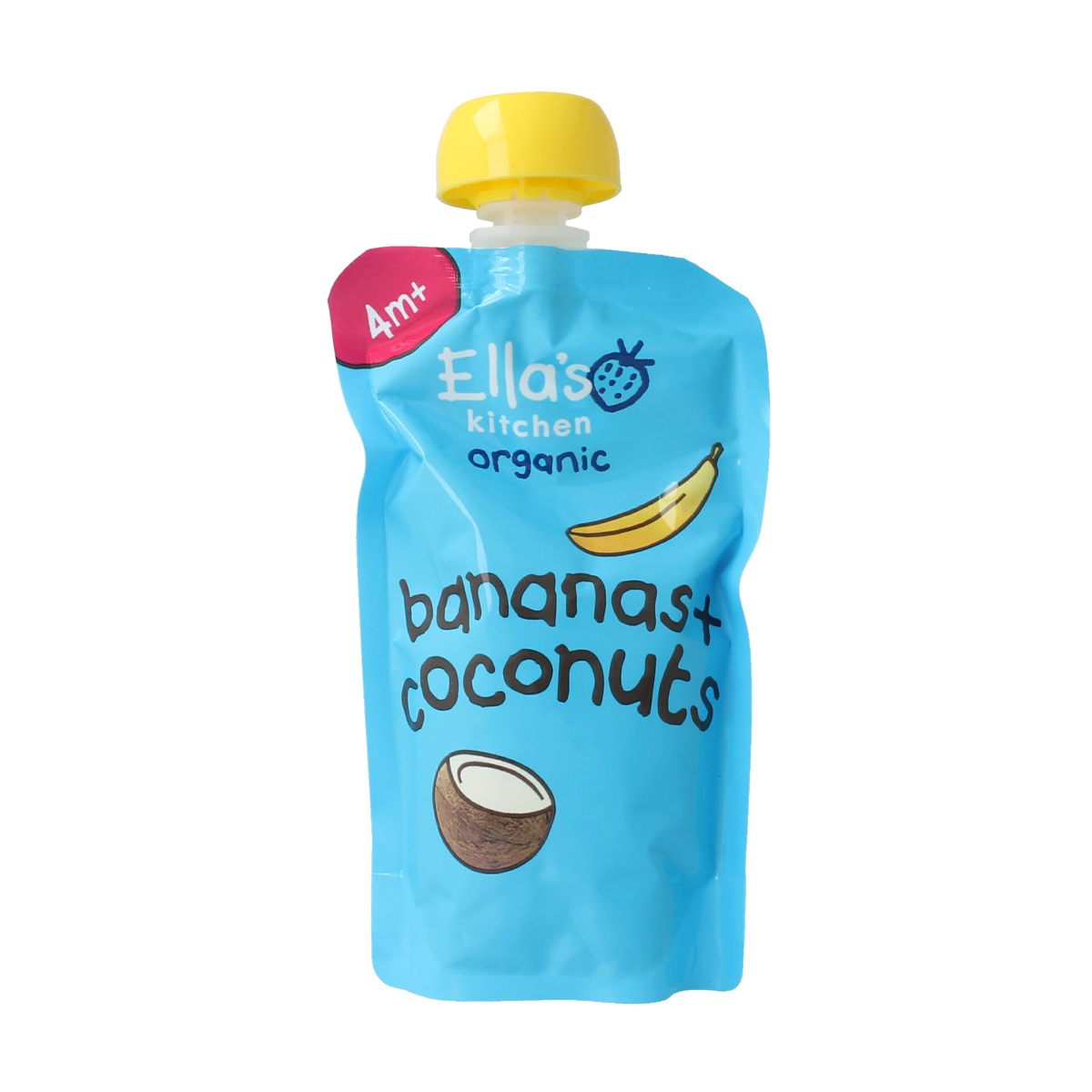Ella's Kitchen banana and coconut baby food pouch for 4+ months, 120g, with a colorful label and squeeze pouch design.