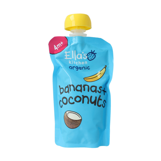 Ella's Kitchen banana and coconut baby food pouch for 4+ months, 120g, with a colorful label and squeeze pouch design.