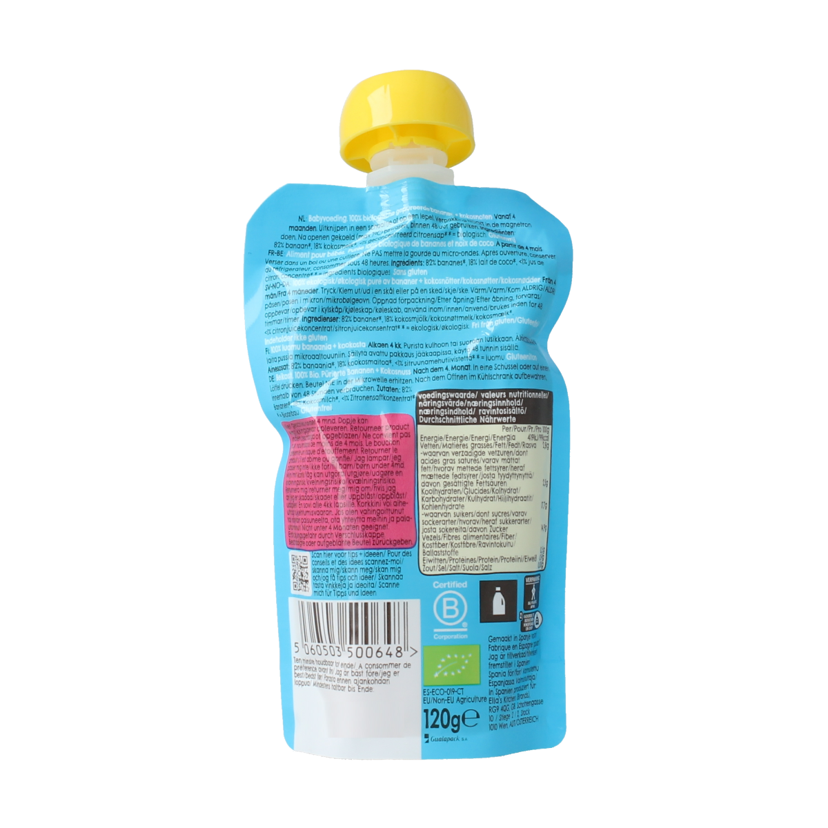 Ella's Kitchen banana and coconut squeeze pouch for babies 4+ months, organic baby food in a 120g pouch.