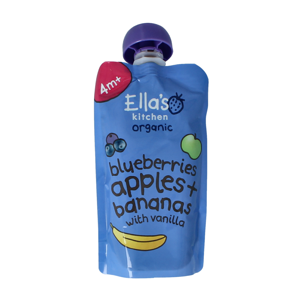 Ella's Kitchen organic baby food pouch with blueberries, apples, bananas, and vanilla for 4+ months, 120 grams.
