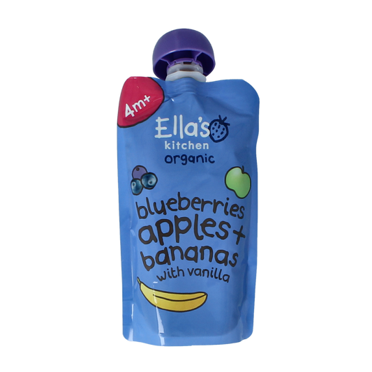 Ella's Kitchen organic baby food pouch with blueberries, apples, bananas, and vanilla for 4+ months, 120 grams.
