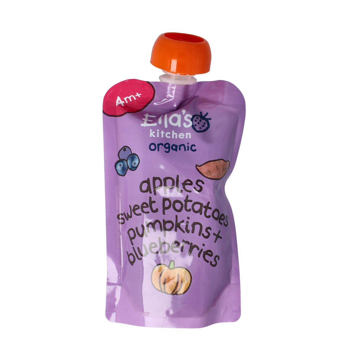 Ella's Kitchen baby food pouch with sweet potato, pumpkin, apple, and blueberry for toddlers, 120g, organic, suitable for 4+ months.