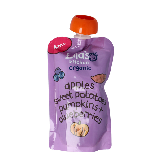 Ella's Kitchen baby food pouch with sweet potato, pumpkin, apple, and blueberry for toddlers, 120g, organic, suitable for 4+ months.
