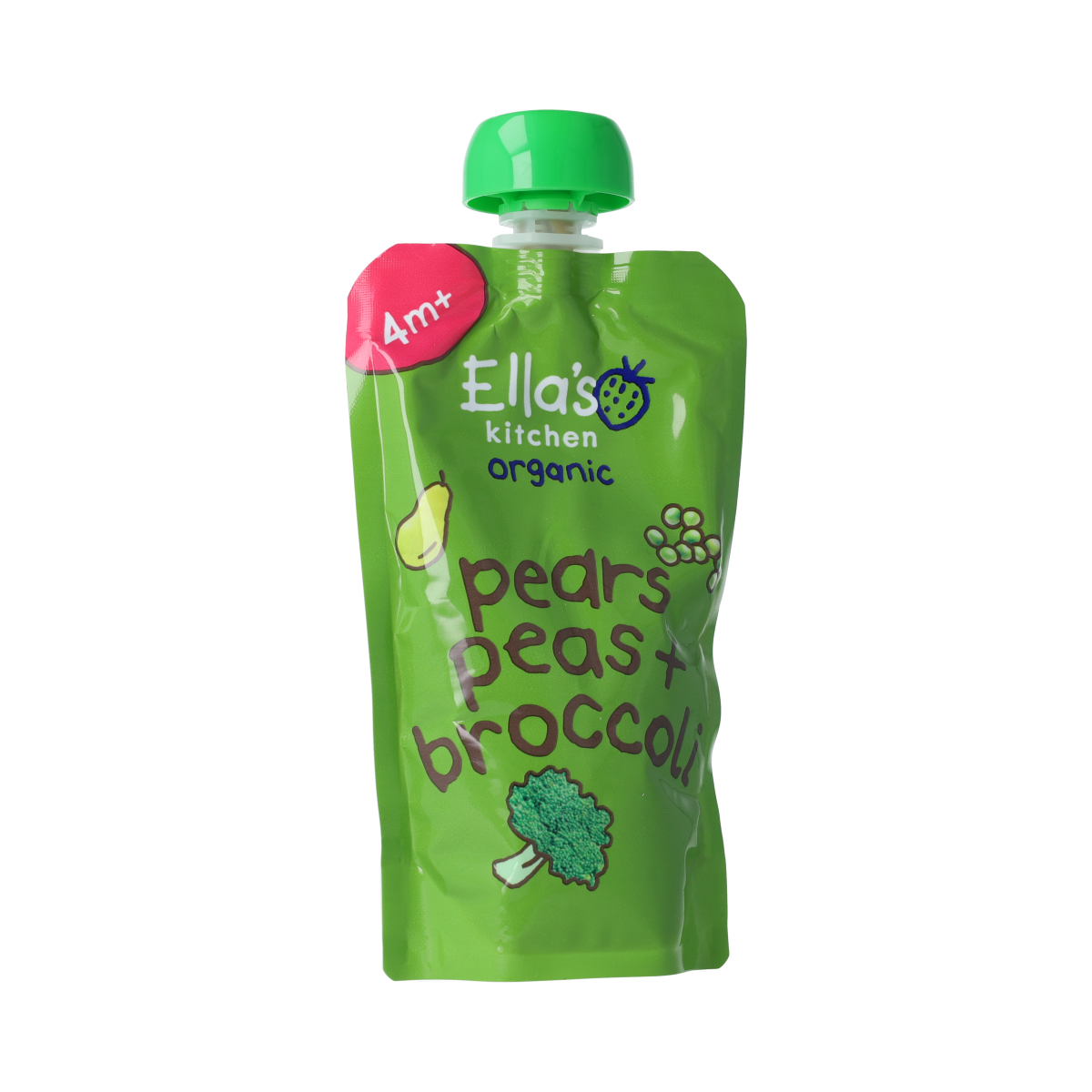 Ella's Kitchen organic broccoli, pears, and peas baby food in a 120g jar, suitable for 4+ months, natural and nutritious.