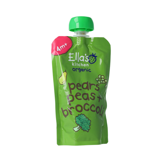 Ella's Kitchen organic broccoli, pears, and peas baby food in a 120g jar, suitable for 4+ months, natural and nutritious.