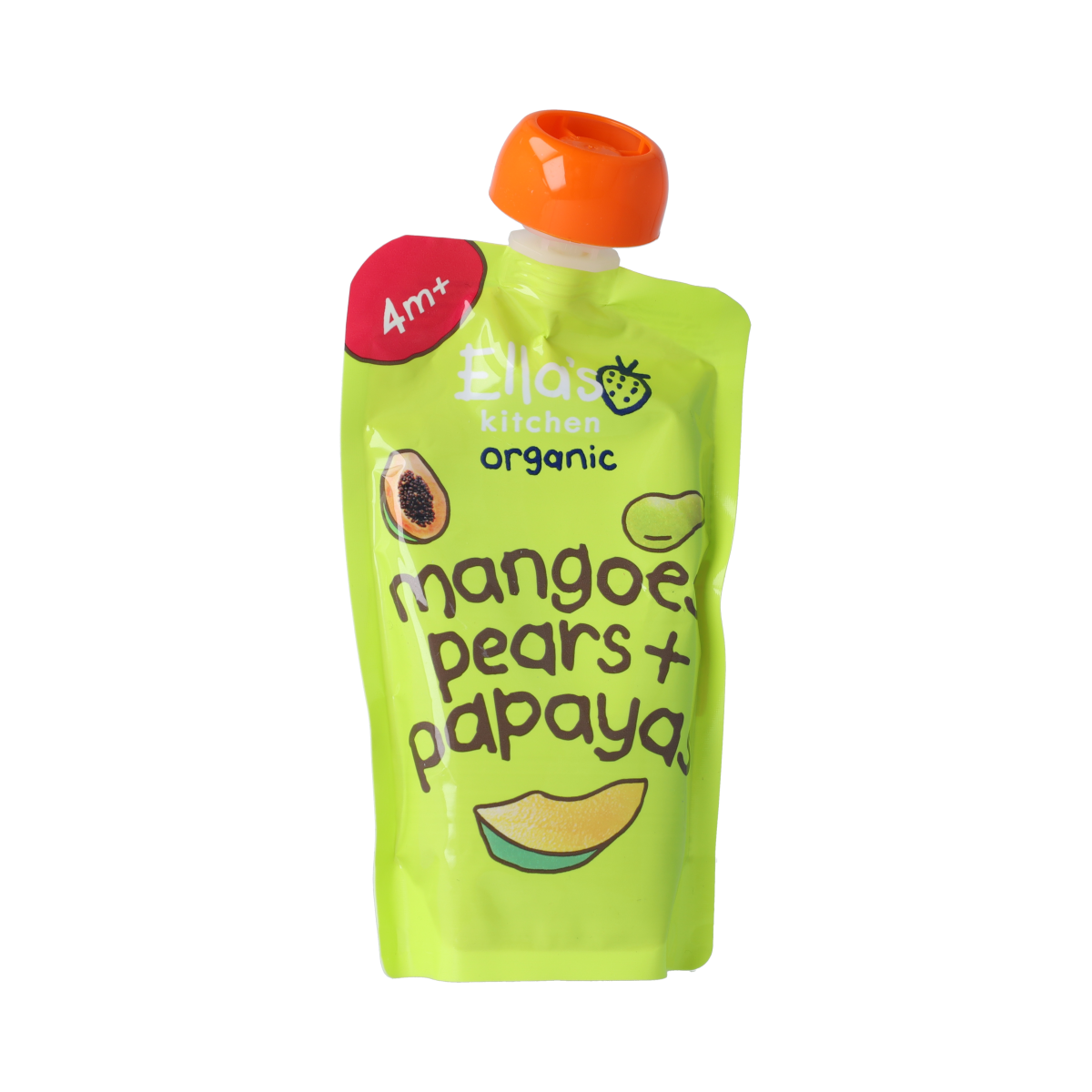 Ella's Kitchen organic mangoes, pears, and papayas baby food pouch for 4+ months, 120g, with colorful fruit illustrations.