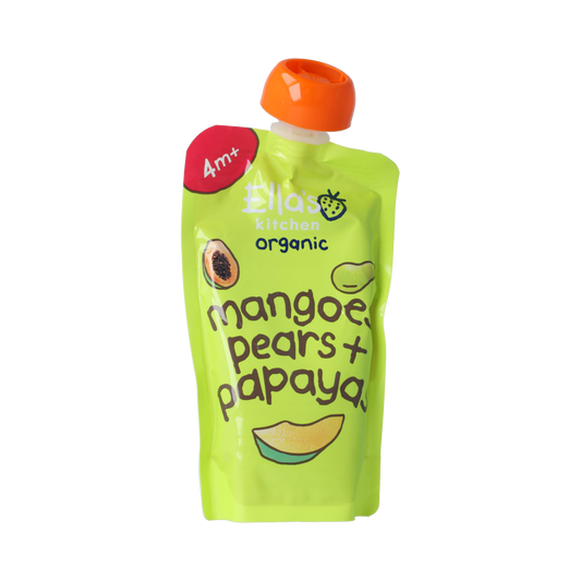 Ella's Kitchen organic mangoes, pears, and papayas baby food pouch for 4+ months, 120g, with colorful fruit illustrations.