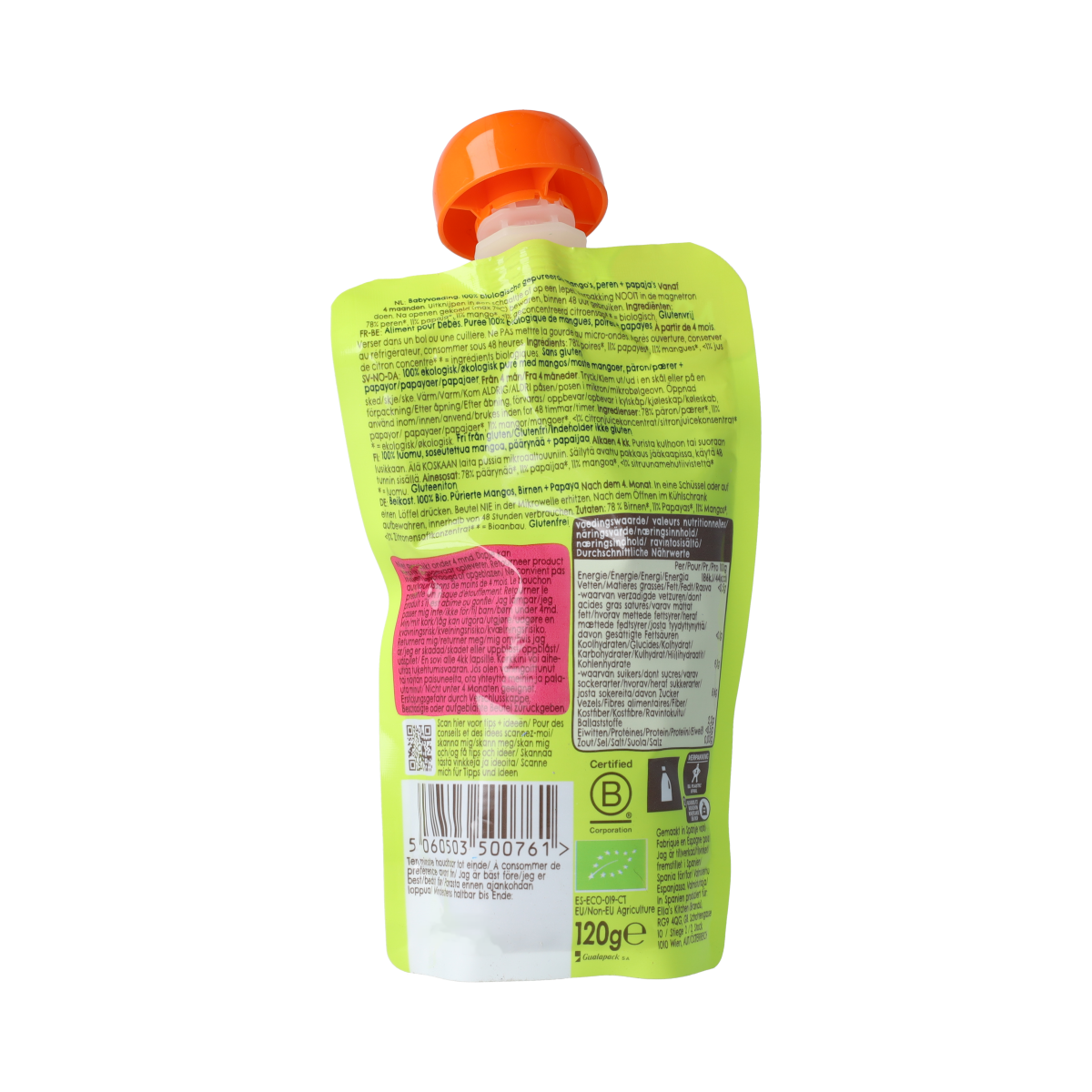 Ella's Kitchen mango, pear, and papaya baby food pouch for 4+ months, 120g, with colorful fruit images on the packaging.