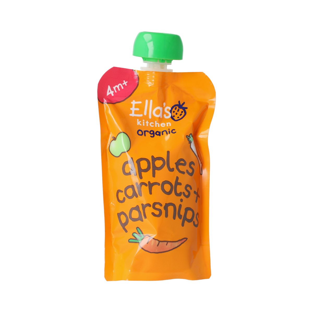 Ella's Kitchen organic baby food pouch with apples, carrots, and parsnips for babies 4+ months, 120g, soft puree packaging.