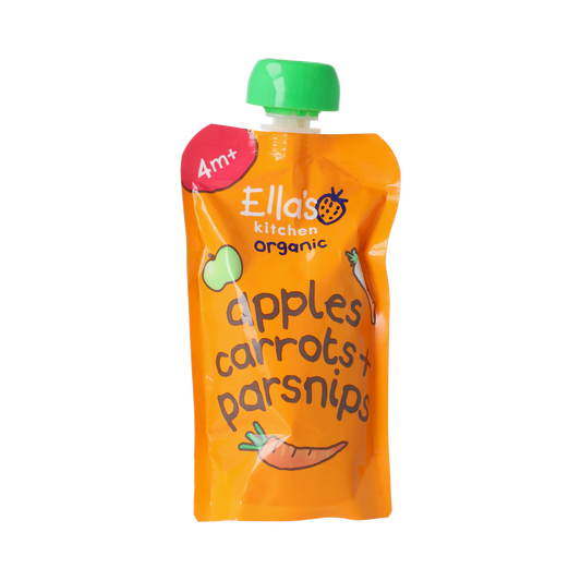 Ella's Kitchen organic baby food pouch with apples, carrots, and parsnips for babies 4+ months, 120g, soft puree packaging.
