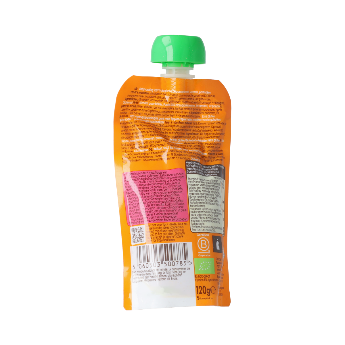 Ella's Kitchen organic baby food pouch with apples, carrots, and parsnips for 4+ months, 120g, natural baby nutrition.