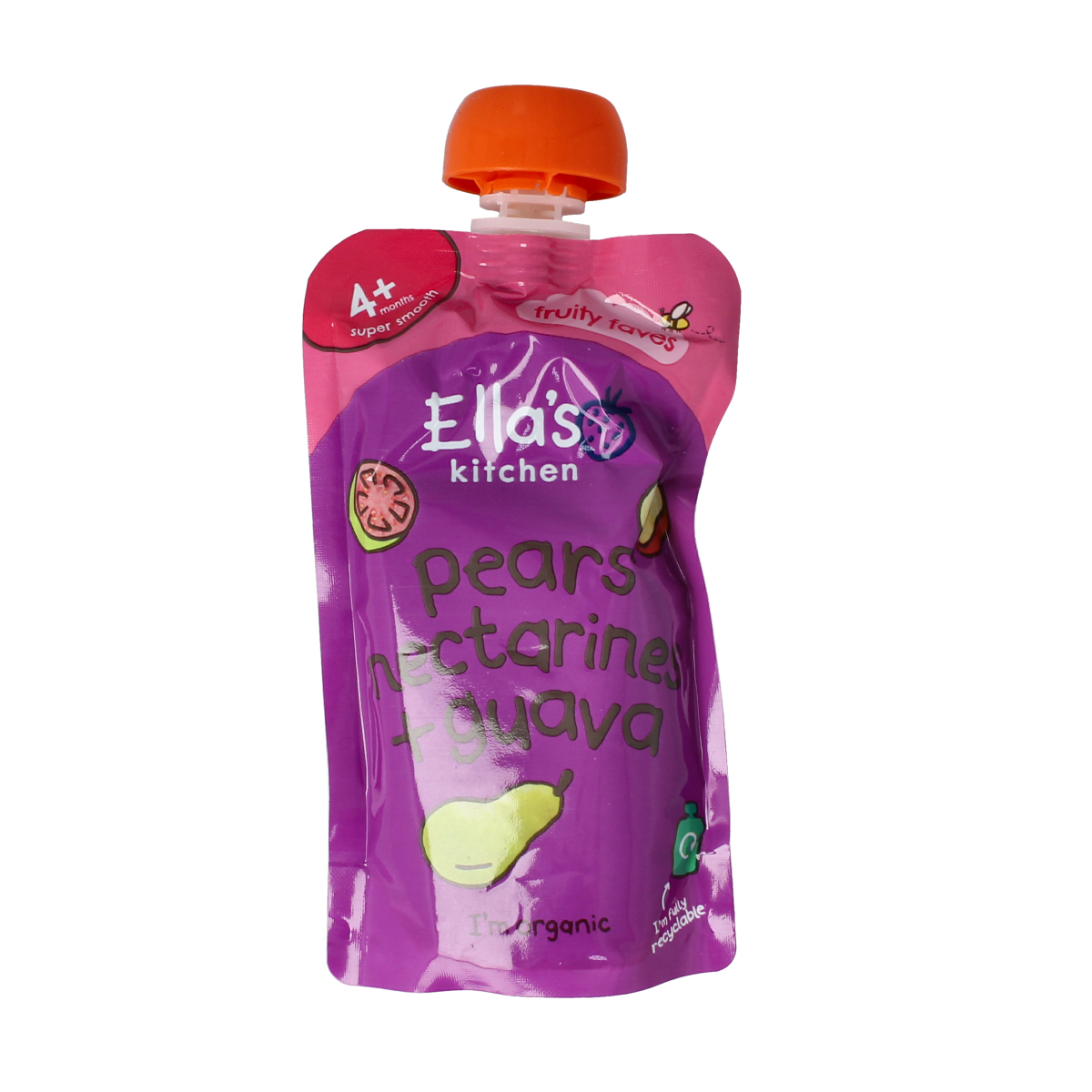 Ella's Kitchen baby food pouch with pears, nectarines, and guava, 120g, featuring colorful fruit images on the packaging