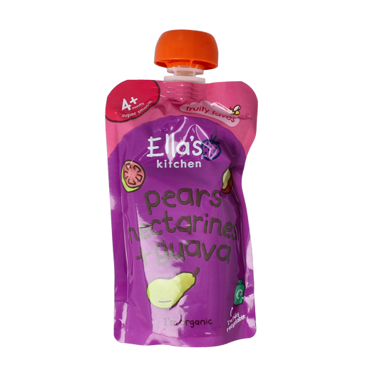 Ella's Kitchen baby food pouch with pears, nectarines, and guava, 120g, featuring colorful fruit images on the packaging