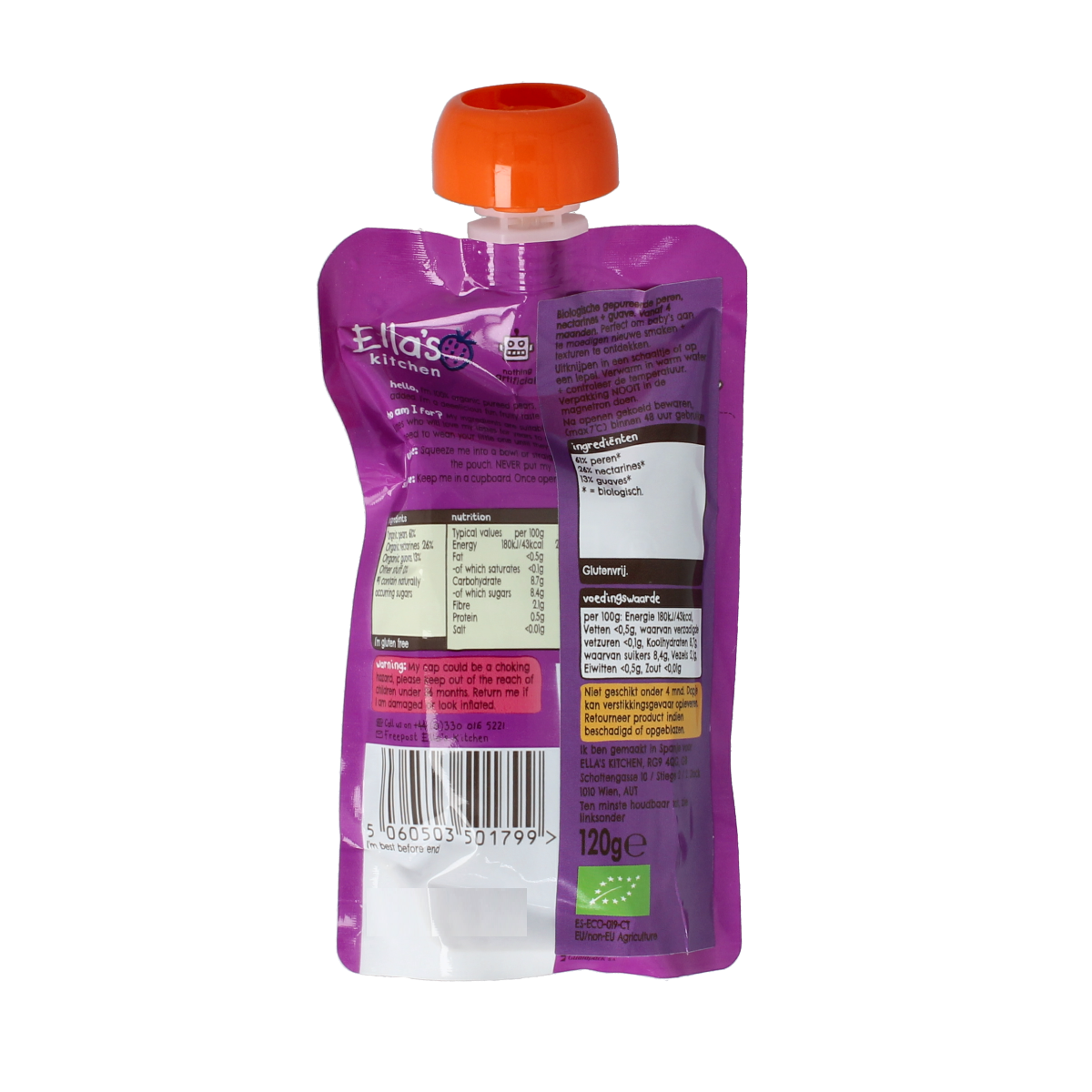 Ella's Kitchen organic baby food pouch with pears, nectarines, and guava, 120g, suitable for children aged 4+.