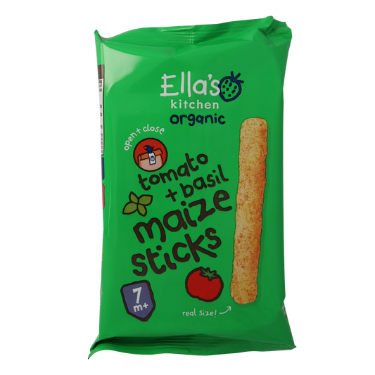 Ella's Kitchen maize sticks with tomato and basil flavor, 16g bio chips for babies 7 months+ on a white background.