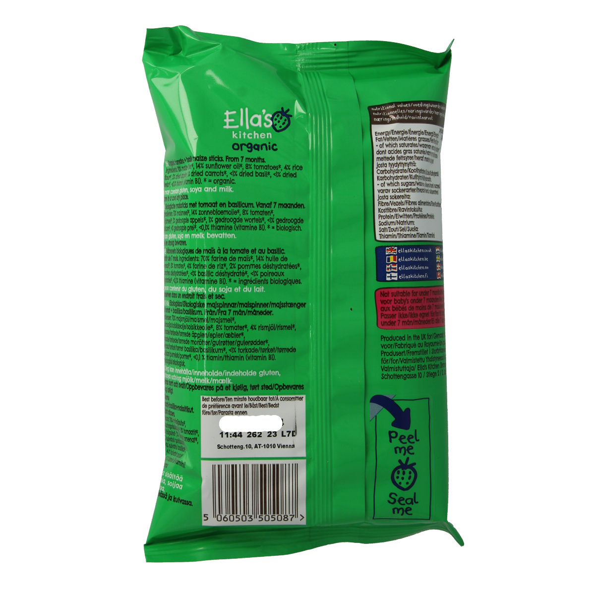 Ella's Kitchen maize sticks with tomato and basil flavor, 16g bio chips and zoutjes, suitable for babies 7 months and older.