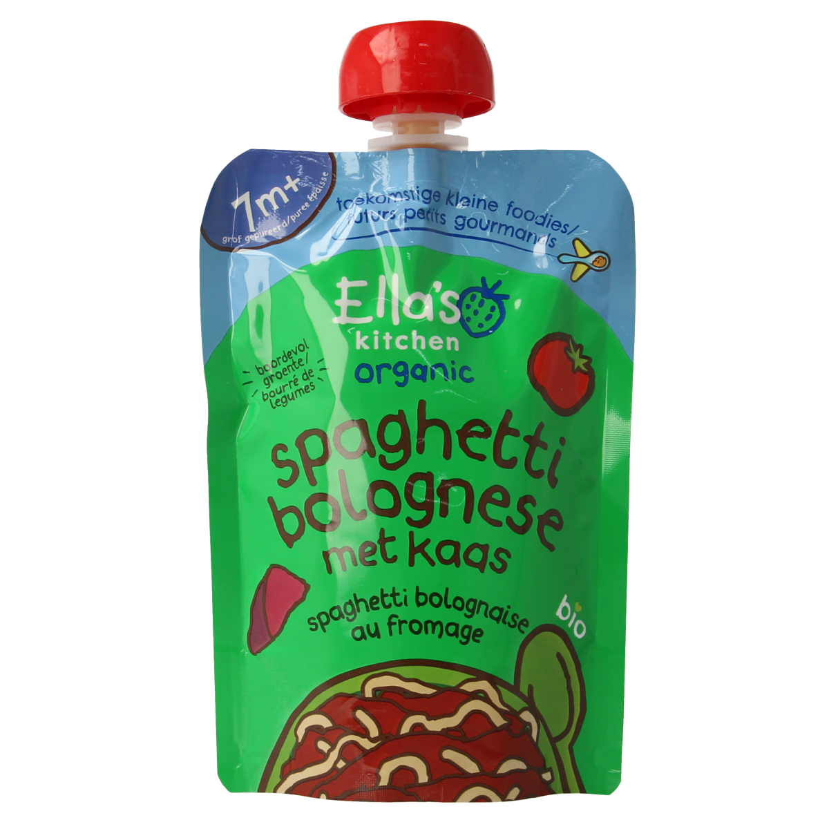 Ella's Kitchen organic spaghetti bolognese with cheese for babies 7+ months, 130g, showing the packaged baby food.