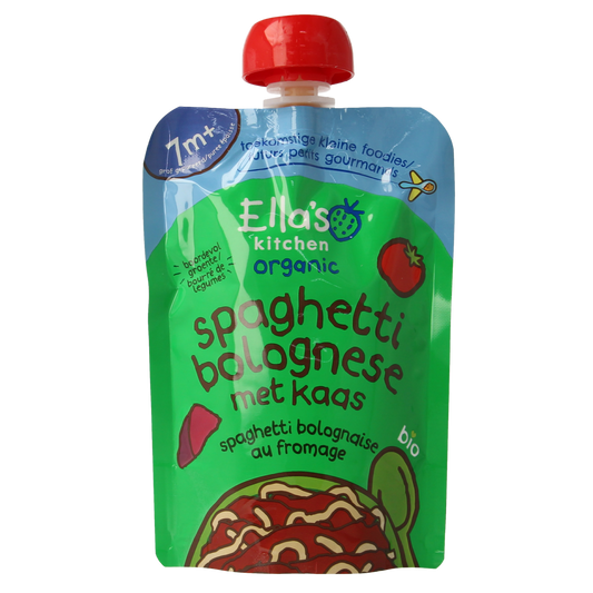 Ella's Kitchen organic spaghetti bolognese with cheese for babies 7+ months, 130g, showing the packaged baby food.