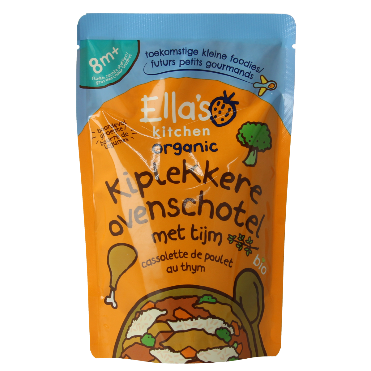 Ella's Kitchen Kiplekkere ovenschotel with thyme for babies 8+ months, organic, 190g, served in a baking dish.