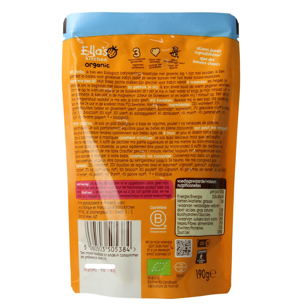 Ella's Kitchen baby oven dish with thyme, organic, suitable for 8+ months, 190g, shown in a colorful packaging image.