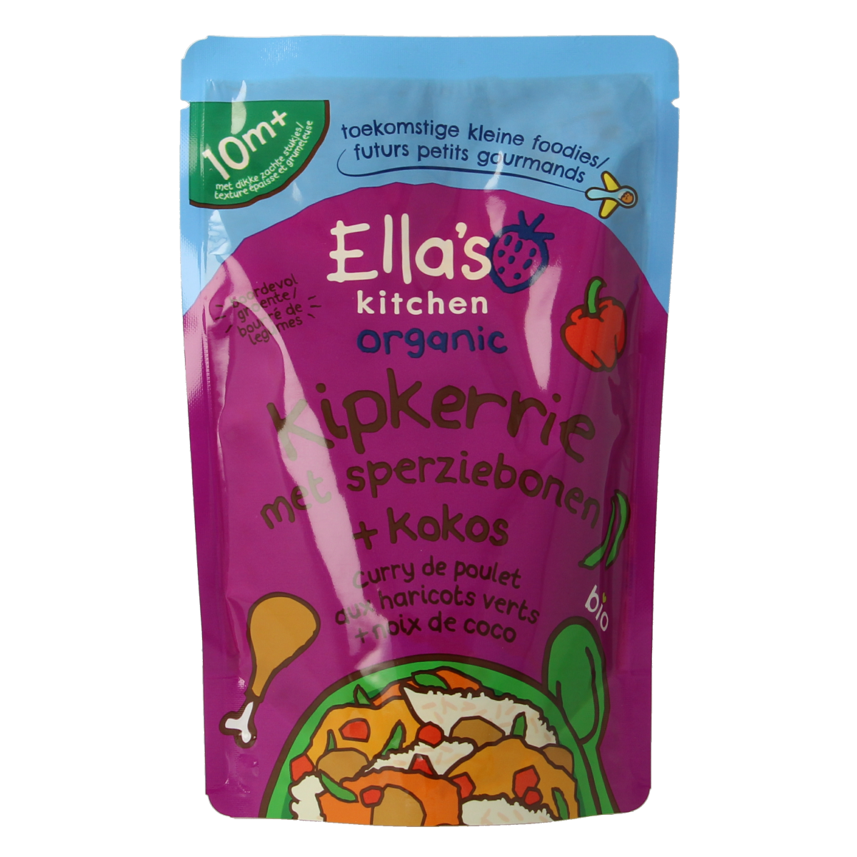 Ella's Kitchen Kipkerrie sperzieboon kokos baby food jar, 190g with green beans and coconut for ages 10+ months.