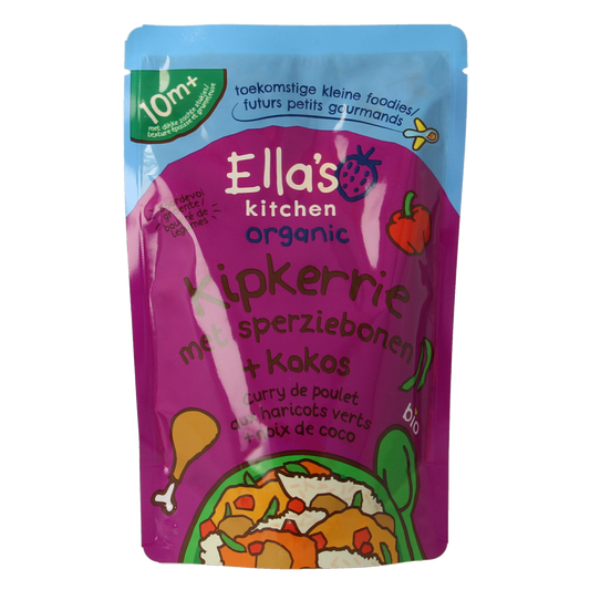 Ella's Kitchen Kipkerrie sperzieboon kokos baby food jar, 190g with green beans and coconut for ages 10+ months.
