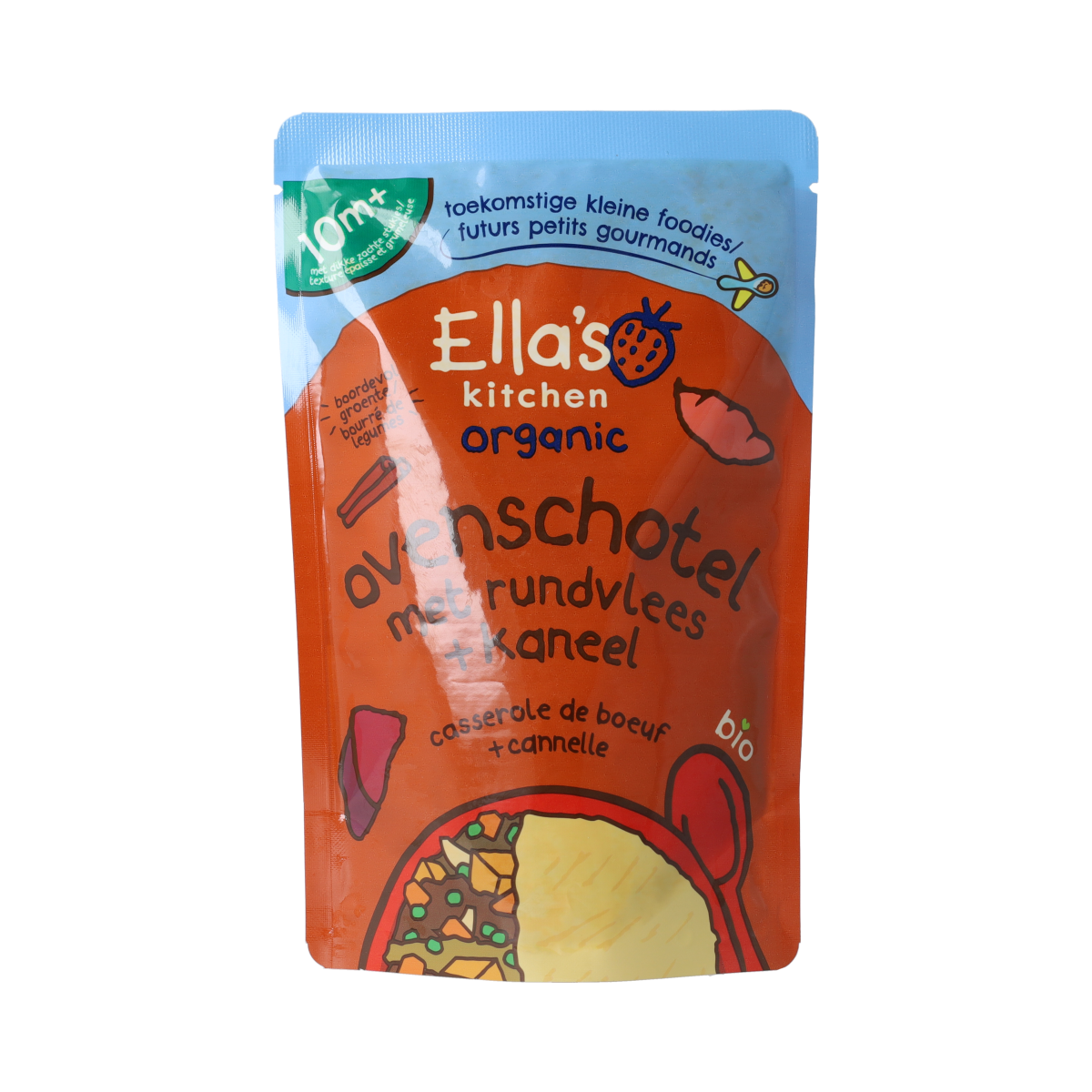 Ella's Kitchen baby oven dish with beef and cinnamon, organic, suitable for 10+ months, 190g, served in a ready-to-eat container.