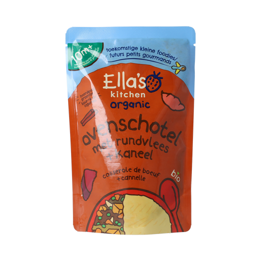Ella's Kitchen baby oven dish with beef and cinnamon, organic, suitable for 10+ months, 190g, served in a ready-to-eat container.