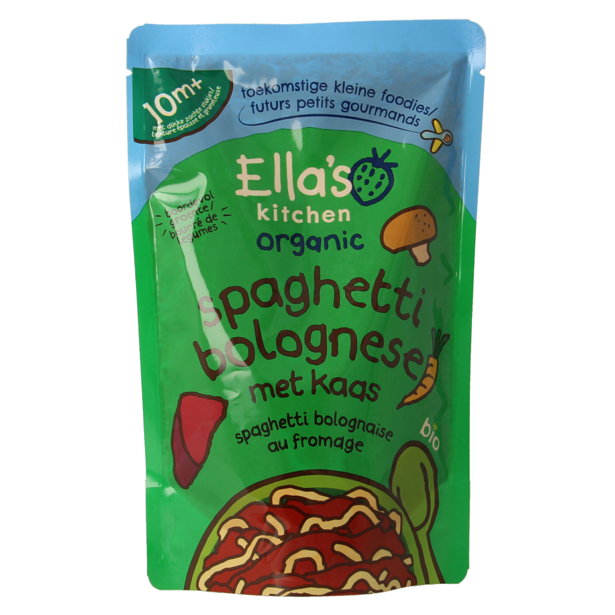 Ella's Kitchen Spaghetti Bolognese with cheese for babies 10+ months, bio, in 190g packaging, featuring spaghetti and Bolognese sauce.