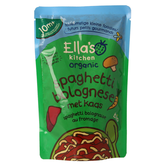 Ella's Kitchen Spaghetti Bolognese with cheese for babies 10+ months, bio, in 190g packaging, featuring spaghetti and Bolognese sauce.