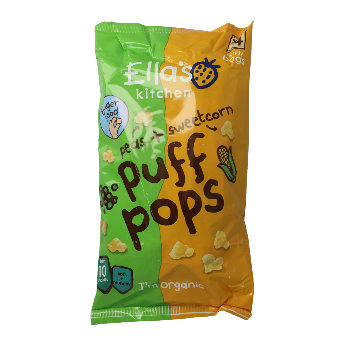 Ella's Kitchen organic Puff Pops with peas and sweetcorn, a healthy snack for children 10+ months, 36 grams.