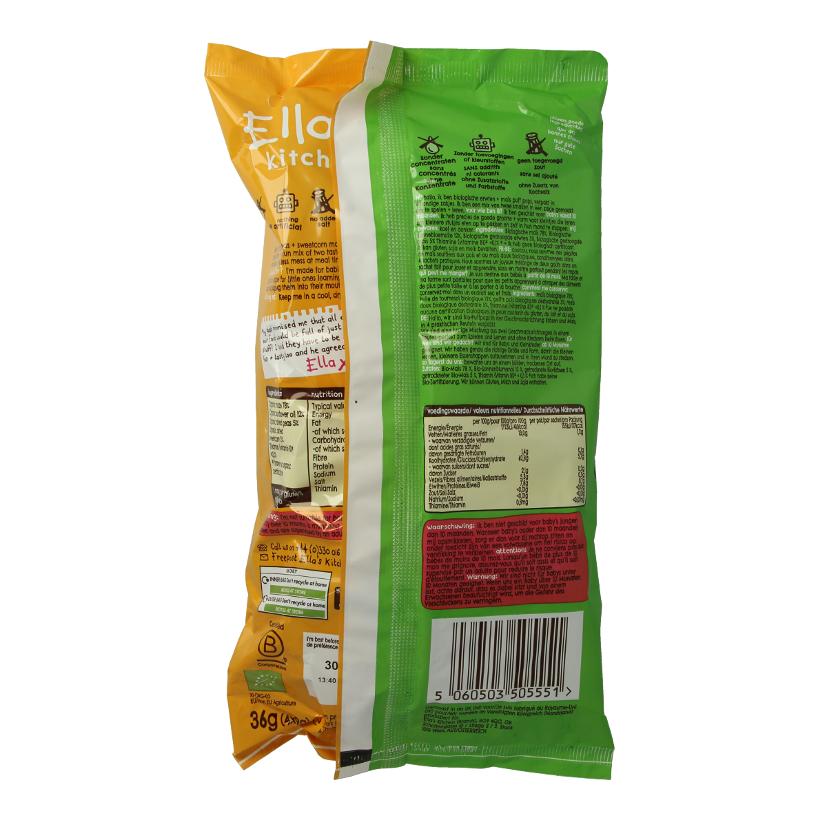 Ella's Kitchen Puff Pops with peas and sweetcorn, organic snacks for children 10+ months, 36 grams bag.