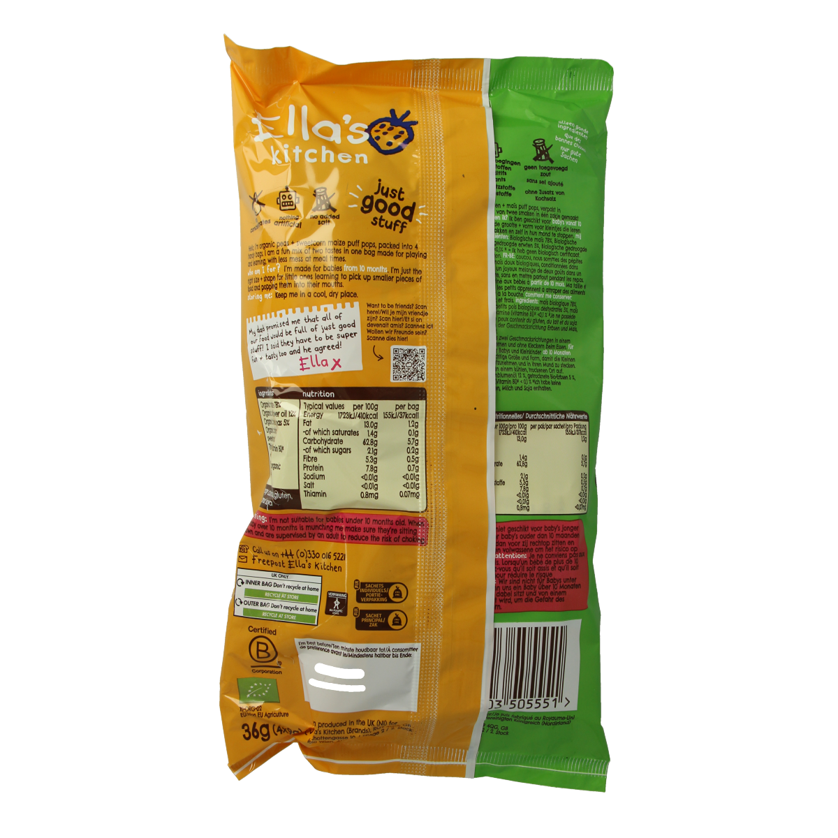Ella's Kitchen Puff Pops peas and sweetcorn snack for 10+ months, organic, 36g, featuring colorful puffed snack with peas and corn.